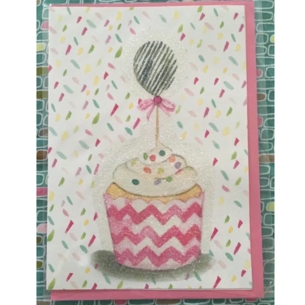 3 Handmade Greeting Cards Blank Envelopes Cupcake Birthday Confetti Glitter Bow